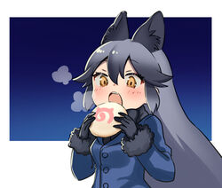  :o animal_ear_fluff animal_ears backlighting black_gloves blazer blue_background blue_jacket blush border brown_eyes commentary_request female food fox_ears from_side fur-trimmed_sleeves fur_trim gloves gradient_background gradient_hair grey_hair hair_between_eyes hands_up holding holding_food jacket japari_bun japari_symbol kemono_friends long_hair long_sleeves looking_at_viewer mucchiri_shiitake multicolored_hair negative_space open_mouth outside_border sidelocks silver_fox_(kemono_friends) simple_background solo steam teeth tsurime upper_body upper_teeth_only very_long_hair white_border 