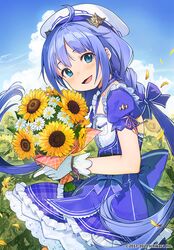  blue_bow blue_eyes blue_hair blush bow company_name day female flower gloves hairbow holding holding_flower long_hair looking_at_viewer nagu nijisanji open_mouth outdoors smile solo sunflower twintails very_long_hair virtual_youtuber white_gloves yuuki_chihiro yuuki_chihiro_(8th_costume) 