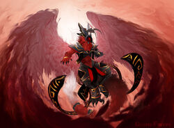  absurd_res anthro armor big_tail detailed_background drunk_ferret fluffy fluffy_tail gold_(metal) hi_res machine male metal metallic_body primagen protogen red_body red_wings rune runes sky solo tail wings 