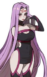  absurdres bare_shoulders breasts cleavage cleavage_cutout clothing_cutout commentary covered_navel cowboy_shot ennuigrl facial_mark fate/grand_order fate/stay_night fate_(series) female forehead_mark hand_up highres long_hair medusa_(fate) medusa_(rider)_(fate) medusa_(rider)_(third_ascension)_(fate) purple_eyes purple_hair simple_background solo strapless very_long_hair white_background 