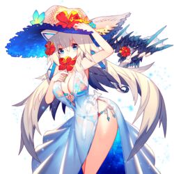  astaroth_(uchi_no_hime-sama) bikini blue_dress blue_eyes breasts cleavage dress female floral_print flower front-tie_bikini_top front-tie_top grey_hair hair_between_eyes hair_flower hair_ornament hand_on_headwear hat hat_flower large_breasts leaning_forward long_hair looking_at_viewer mamuru navel print_bikini see-through side-tie_bikini_bottom side_slit solo straw_hat sun_hat swimsuit transparent_background uchi_no_hime-sama_ga_ichiban_kawaii very_long_hair 