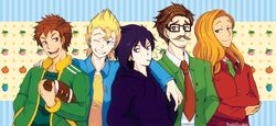  5boys alex_(stardew_valley) artist_name black_hair blonde_hair brown_hair commentary_request digitalscratch earrings elliott_(stardew_valley) facial_hair formal glasses harvey_(stardew_valley) hood hooded_jacket jacket jewelry long_hair long_sleeves moustache multiple_boys necktie sam_(stardew_valley) sebastian_(stardew_valley) spiked_hair stardew_valley 