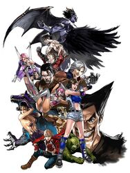  5girls 6+boys alisa_boskonovich androgynous android animal_head bear beckoning dark_persona devil_(tekken) eleonore_kliesen jaycee_(tekken) julia_chang junny kazama_asuka kazama_jin king_(tekken) kuma_(tekken) lee_chaolan mishima_heihachi mishima_kazuya multiple_boys multiple_girls muscle official_art sergei_dragunov shirtless tekken tekken_tag_tournament_2 unknown_(tekken) white_background wings wolf wrestling_outfit younger 