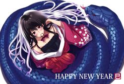  black_hair commentary_request female freckles gradient_hair happy_new_year japanese_clothes mouth_hold multicolored_hair new_year original red_eyes ribbon snake solo sora-bozu two-tone_hair white_hair 