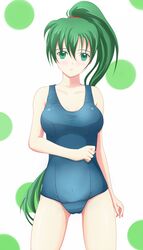  co-de commentary_request female fire_emblem fire_emblem:_the_blazing_blade green_eyes green_hair highres long_hair lyn_(fire_emblem) one-piece_swimsuit ponytail school_swimsuit solo swimsuit 