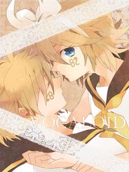  1boy bad_id bad_pixiv_id blonde_hair blue_eyes brother_and_sister camelot female hair_ribbon headphones kagamine_len kagamine_rin ribbon short_hair siblings twins vocaloid 