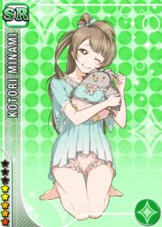  akimoto_(akmt_t) barefoot blush bow bow_panties brown_eyes brown_hair character_name commentary_request female frilled_panties frills green_background long_hair love_live! love_live!_school_idol_project matching_outfits minami_kotori minami_kotori_(bird) one_eye_closed one_side_up panties polka_dot polka_dot_panties seiza sitting smile underwear 