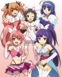  5girls :d ahoge amatsuki_meguru angel_rose angel_sapphire armpit_peek black_hair blue_eyes blue_hair breasts brown_hair cleavage clenched_hands commentary_request gradient_background green_eyes hair_ribbon hand_on_own_hip hazuki_kurumi high_ponytail kaitou_tenshi_twin_angel kannazuki_aoi kisaragi_sumire large_breasts leotard magical_girl midriff minazuki_haruka_(twin_angel) mole mole_under_eye multiple_girls navel one_eye_closed onomekaman open_mouth pink_background pink_hair pointing pointing_at_viewer purple_hair ribbon short_hair sideboob smile twin_angel twin_angel_break twintails waving white_legwear 