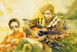  1980s_(style) 1boy acoustic_guitar afro blonde_hair brown_hair choujikuu_yousai_macross claudia_lasalle couple dark_skin female glass good_end guitar instrument lips macross manly mikimoto_haruhiko military military_uniform music official_art playing_instrument production_art realistic retro_artstyle roy_focker sideburns sitting straight traditional_media uniform 