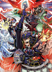  1boy arm_up armor bawang-ryuuzaki black_armor card commentary dark_persona dragon duel_disk duel_monster elemental_hero_absolute_zero elemental_hero_escuridao elemental_hero_gaia elemental_hero_great_tornado elemental_hero_nova_master elemental_hero_the_shining holding holding_card horus_the_black_flame_dragon light_and_darkness_dragon male_focus md5_mismatch monster naturia_exterio open_mouth osiris_the_sky_dragon photoshop_(medium) stardust_dragon super_polymerization supreme_king_(yu-gi-oh!_gx) tiger void_ogre_dragon warrior white_night_dragon yu-gi-oh! yu-gi-oh!_gx yuki_judai 