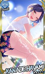  ;d ass blue_hair bra can_to_cheek card_(medium) card_parody character_name cinderella_girls_card_parody commentary_request female floral_print gem_(symbol) hair_ornament hayami_kanade idolmaster idolmaster_cinderella_girls looking_at_viewer one_eye_closed open_mouth parted_bangs print_shorts shirt short_hair shorts smile solo star_(symbol) underwear water wemu_(ivycrown) wet wet_clothes wet_shirt white_shirt yellow_eyes 