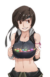  arm_ribbon bad_deviantart_id bad_id bankage black_hair bracelet brown_eyes crop_top female final_fantasy final_fantasy_vii final_fantasy_vii_advent_children grin headband holding hood hood_down hoodie jewelry looking_away looking_to_the_side materia midriff navel open_clothes open_hoodie pink_ribbon ribbon shirt_basket short_hair simple_background sleeveless sleeveless_hoodie smile solo swept_bangs upper_body white_background wrist_cuffs yuffie_kisaragi 