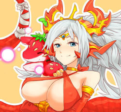  3_1 bandages blonde_hair blue_eyes bracelet breasts choker circlet cleavage commentary_request criss-cross_halter crossed_arms dragon echidna_(p&amp;d) elbow_gloves female gloves grey_hair halterneck hug huge_breasts jewelry lamia long_hair lowres monster_girl puzzle_&amp;_dragons red_gloves smile strawberry_dragon_(p&amp;d) tail 