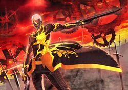  1boy akamiso_(k074510) black_pants buzz_cut commentary_request dark-skinned_male dark_skin dual_wielding emiya_alter emiya_alter_(third_ascension)_(fate) fate/grand_order fate_(series) gears gun highres holding holding_gun holding_weapon kintsugi lips looking_at_viewer male_focus pants serious short_hair solo sword topless_male unlimited_blade_works_(fate) very_dark_skin very_short_hair waist_cape weapon white_hair yellow_eyes 