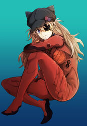  animal_hat blue_background blue_eyes bodysuit cat_hat commentary_request evangelion:_3.0_you_can_(not)_redo eyepatch female hat highres long_hair neon_genesis_evangelion orange_hair plugsuit rebuild_of_evangelion solo souryuu_asuka_langley yunkru 