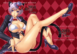  2011 animal_ears argyle_background bikini breasts cat_ears cat_tail commentary_request dated female hat high_heels kanesada_keishi large_breasts leg_up legs long_legs long_sleeves looking_at_viewer mini_hat mini_top_hat navel original purple_eyes purple_hair red_background shoes short_hair sitting solo strap_pull swimsuit tail tailcoat thighs top_hat white_bikini 