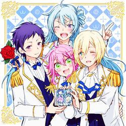  4boys :3 ;d ahoge ascot blonde_hair blue_eyes blue_hair blush bow bowtie boy_sandwich cd_case commentary_request ensemble_stars! epaulettes fine_(ensemble_stars!) fushimi_yuzuru green_eyes hibiki_wataru himemiya_tori long_hair male_focus multiple_boys one_eye_closed open_mouth pink_hair purple_eyes purple_hair release_date ribbon sandwiched sidelocks smile tamaki-7kg tenshouin_eichi v-shaped_eyebrows 