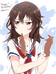  :| badge black_hair brown_eyes brown_gloves closed_mouth commentary_request dated female glove_in_mouth gloves hair_between_eyes happy_birthday high_school_fleet highres kuroki_hiromi long_hair looking_to_the_side mouth_hold neckerchief red_neckerchief school_uniform serafuku short_sleeves single_glove solo v-shaped_eyebrows yasaka_shuu yokosuka_girls_marine_high_school_uniform 