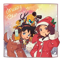  1boy amazake_arika animal_costume antlers bad_id bad_pixiv_id bell bent_over black_hair blue_eyes border bow brown_eyes brown_hair christmas female hairband hat holly horns jingle_bell medarot menokurage merry_christmas metabee mittens open_mouth red_nose reindeer_antlers reindeer_costume robot santa_costume santa_hat short_hair signature sitting_on_shoulder smile snowing star_(symbol) tail tenryou_ikki 