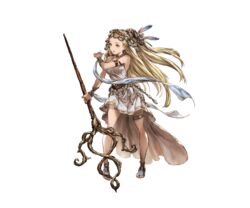  arm_guards armlet bare_shoulders blonde_hair breasts collar dress feathers female full_body granblue_fantasy headdress holding jewelry large_breasts long_hair minaba_hideo official_art petra_(granblue_fantasy) ring sandals simple_background solo staff transparent_background white_dress yellow_eyes 