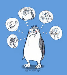  2013 avian bird black_body black_feathers blue_background blush dreamworks dynamite english_text explosives feathers feral fish happy imagination madagascar_(series) marine multicolored_body multicolored_feathers onlyforpom open_mouth penguin rico_(madagascar) simple_background skipper_(madagascar) smile solo text the_penguins_of_madagascar thought_bubble tongue tongue_out two_tone_body two_tone_feathers white_body white_feathers 