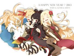  2013 3girls :d ^_^ ankle_lace-up azami_(kagerou_project) bandages black_footwear black_hair black_ribbon blonde_hair blush closed_eyes commentary_request cross-laced_footwear dress flats flower hair_flower hair_ornament happy happy_new_year hug kagerou_project kozakura_marry kozakura_shion long_hair md5_mismatch mother_and_daughter multiple_girls new_year nori9605 open_mouth red_eyes red_ribbon resolution_mismatch ribbon scarf shoes smile source_smaller souzou_forest_(vocaloid) 