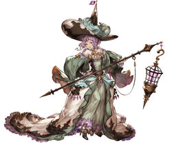  blue_eyes detached_sleeves dress female full_body fur_trim gem granblue_fantasy hat high_heels holding jewelry lennah looking_at_viewer minaba_hideo official_art open_mouth purple_hair simple_background solo staff standing tiara white_background witch_hat 