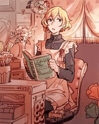  1boy :o aged_down andou_mario bad_id bad_pixiv_id blonde_hair blue_eyes book chair counter curly_hair flower food gakuran idolmaster idolmaster_side-m iwa_(iwa000ima) looking_to_the_side male_focus reading school_uniform solo sweets vase wavy_hair 