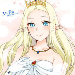  artist_name bare_shoulders blonde_hair blue_eyes character_name chydis_(sennen_sensou_aigis) commentary_request dress elf female gloves hand_on_own_chest jewelry long_hair lowres miniru necklace pointy_ears sennen_sensou_aigis smile solo tiara upper_body white_dress 