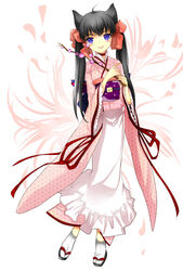  animal_ears asa_no_ha_(pattern) bow branch commentary_request female hairbow japanese_clothes kan_satomi kimono lying otome_youkai_zakuro pink_bow solo zakuro_(otome_youkai_zakuro) 