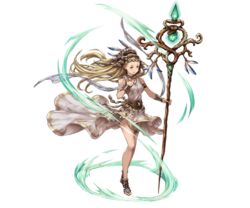  arm_guards armlet bare_shoulders blonde_hair breasts collar dress feathers female full_body granblue_fantasy hand_on_own_chest headdress holding jewelry long_hair medium_breasts minaba_hideo official_art petra_(granblue_fantasy) sandals simple_background solo staff transparent_background white_dress yellow_eyes 