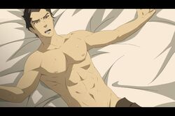  1boy avatar avatar:_the_last_airbender bed_sheet brown_hair legend_of_korra mako mako_(avatar) male male_focus muscle nickelodeon sheets solo sweat the_legend_of_korra topless yellow_eyes 