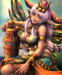  animal_ears ankh armlet bad_id bad_pixiv_id blue_eyes bracelet bracer breasts cleavage cow_ears dark-skinned_female dark_skin egyptian female green_nails hair_ornament hair_ribbon hathor_(p&amp;d) highres horns jar jewelry long_hair medium_breasts nail_polish open_mouth photoshop_(medium) pink_hair puzzle_&amp;_dragons ribbon shoichi_(ekakijin) solo very_long_hair 