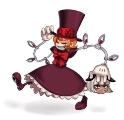  2girls animal_ears bob_cut bow cat_ears chelo-stracks cigar commentary_request dark-skinned_female dark_skin dress gloves grin hat mechanical_arms ms._fortune_(skullgirls) multiple_girls orange_hair peacock_(skullgirls) purple_dress severed_head sharp_teeth skullgirls smile teeth top_hat 