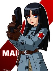  aged_up black_hair blue_eyes blunt_bangs character_name coat commentary_request dragon_ball dragon_ball_(classic) eyeshadow female gloves gun handgun lipstick long_hair mai_(dragon_ball) makeup robert_j_case solo trench_coat trigger_discipline uniform weapon 