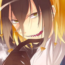  1boy black_gloves blonde_hair commentary_request drooling dyed_bangs gloves hair_between_eyes hair_ornament licking_lips looking_at_viewer lowres majin_tantei_nougami_neuro male_focus multicolored_hair nougami_neuro portrait ringed_eyes saliva sharp_teeth solo teeth tongue tongue_out towa1 triangle two-tone_hair yellow_eyes 