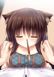  1boy animal_ears blush breasts brown_hair cat_ears closed_eyes collarbone commentary_request female food hands_on_another&#039;s_shoulders incoming_pocky_kiss long_hair medium_breasts mia_flatpaddy original pocky pocky_day pocky_kiss pov shared_food syroh up_nose you&#039;re_doing_it_wrong 