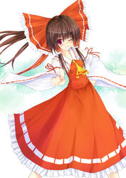  absurdres ascot bad_id bad_pixiv_id bow brown_eyes detached_sleeves female hairbow hakurei_reimu highres long_hair niboss one_eye_closed photoshop_(medium) pointing purple_eyes red_bow solo touhou 