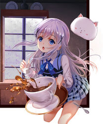  absurdres blue_eyes blue_ribbon coffee commentary_request cup falling female gochuumon_wa_usagi_desu_ka? hair_ornament highres indoors kafuu_chino leg_up long_hair neck_ribbon open_mouth pleated_skirt rabbit_house_uniform ribbon shan-n skirt solo sugar_cube teacup tippy_(gochiusa) white_hair window 