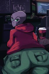  2:3 absurd_res alien alien_humanoid beverage candy chocolate clothing coffee_shop dessert duo food hi_res hot_chocolate humanoid looking_at_viewer male not_furry riendonut roswell_grey yerneley_zunteley 