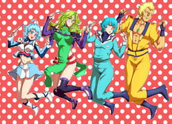  2boys 2girls ahoge al-3_alice blue_eyes blue_hair breasts cleavage commentary_request detached_sleeves evil_grin evil_smile green_eyes green_hair grin gundam kamille_bidan lamia_loveless medium_breasts midriff multiple_boys multiple_girls rape_face sagattoru skirt smile super_robot_wars super_robot_wars_l thighhighs yazan_gable zeta_gundam 