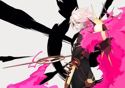  1boy akamiso_(k074510) aqua_eyes ass back bishounen commentary_request earrings eyeshadow fate/extra fate/extra_ccc fate_(series) highres jewelry karna_(fate) looking_at_viewer makeup male_focus pale_skin pink_hair red_eyeshadow solo vasavi_shakti_(fate) 