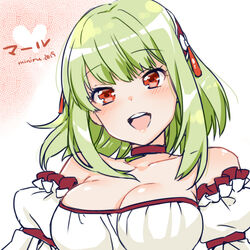  :d artist_name bad_id bad_pixiv_id bare_shoulders blush breasts character_name cleavage female green_hair lowres marl_(sennen_sensou_aigis) medium_breasts miniru open_mouth red_eyes sennen_sensou_aigis short_hair smile solo upper_body white_background 