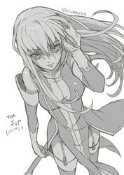  adjusting_hair bad_id bad_pixiv_id bandai_namco c.c. code_geass commentary_request company_connection cosplay creayus dress elbow_gloves expressionless female garter_straps gloves long_hair monochrome solo tales_of_(series) tales_of_the_abyss tear_grants tear_grants_(cosplay) thighhighs twitter_username voice_actor_connection white_background yukana 