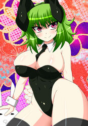  animal_ears between_breasts black_leotard breasts cleavage clothes_between_breasts commentary_request covered_navel curvy fake_animal_ears female green_hair highleg highleg_leotard huge_breasts kazami_yuuka leotard partial_commentary pink_eyes playboy_bunny rabbit_ears red_eyes sawa_(snack_yoshie) short_hair skindentation smile solo thighhighs touhou wide_hips 