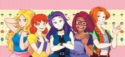  5girls abigail_(stardew_valley) belt blonde_hair blue_eyes bow braid commentary_request crop_top crossed_arms digitalscratch glasses green_eyes haley_(stardew_valley) leah_(stardew_valley) long_hair maru_(stardew_valley) multiple_girls orange_hair overalls penny_(stardew_valley) pointing red_eyes red_hair short_hair short_sleeves stardew_valley waving 