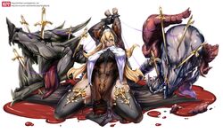  black_cape blonde_hair blood cape cation dark_skin eyelashes eyepatch female garterbelt green_eyes hands_behind_head hood original skull sword thighhighs tongue tongue_out watermark 