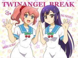  2girls :d :o amatsuki_meguru brown_eyes character_name cherry commentary_request copyright_name english_text food fruit hair_ornament hairclip heart holding_hands kisaragi_sumire long_hair mole mole_under_eye multiple_girls onomekaman open_mouth palms_together pink_hair ponytail purple_hair sailor_collar school_uniform smile twin_angel twin_angel_break white_uniform 