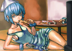  2girls alternate_hairstyle aqua_eyes arm_support blue_hair breasts chibi commentary_request controller cracker dress eating food green_eyes hat hei_(heiyohei) hip_focus ikamusume lying mini-ikamusume multiple_girls no_bra on_side remote_control shinryaku!_ikamusume short_hair sideboob small_breasts strap_slip table tsurime 