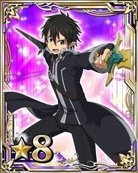  bad_source black_eyes black_gloves black_hair card_(medium) dual_wielding female fingerless_gloves gloves hair_between_eyes holding holding_sword holding_weapon holy_sword_excalibur kirito kirito_(sao-alo) long_sword_(sao) official_art open_mouth pointy_ears solo spiked_hair star_(symbol) sword sword_art_online sword_art_online:_code_register weapon 